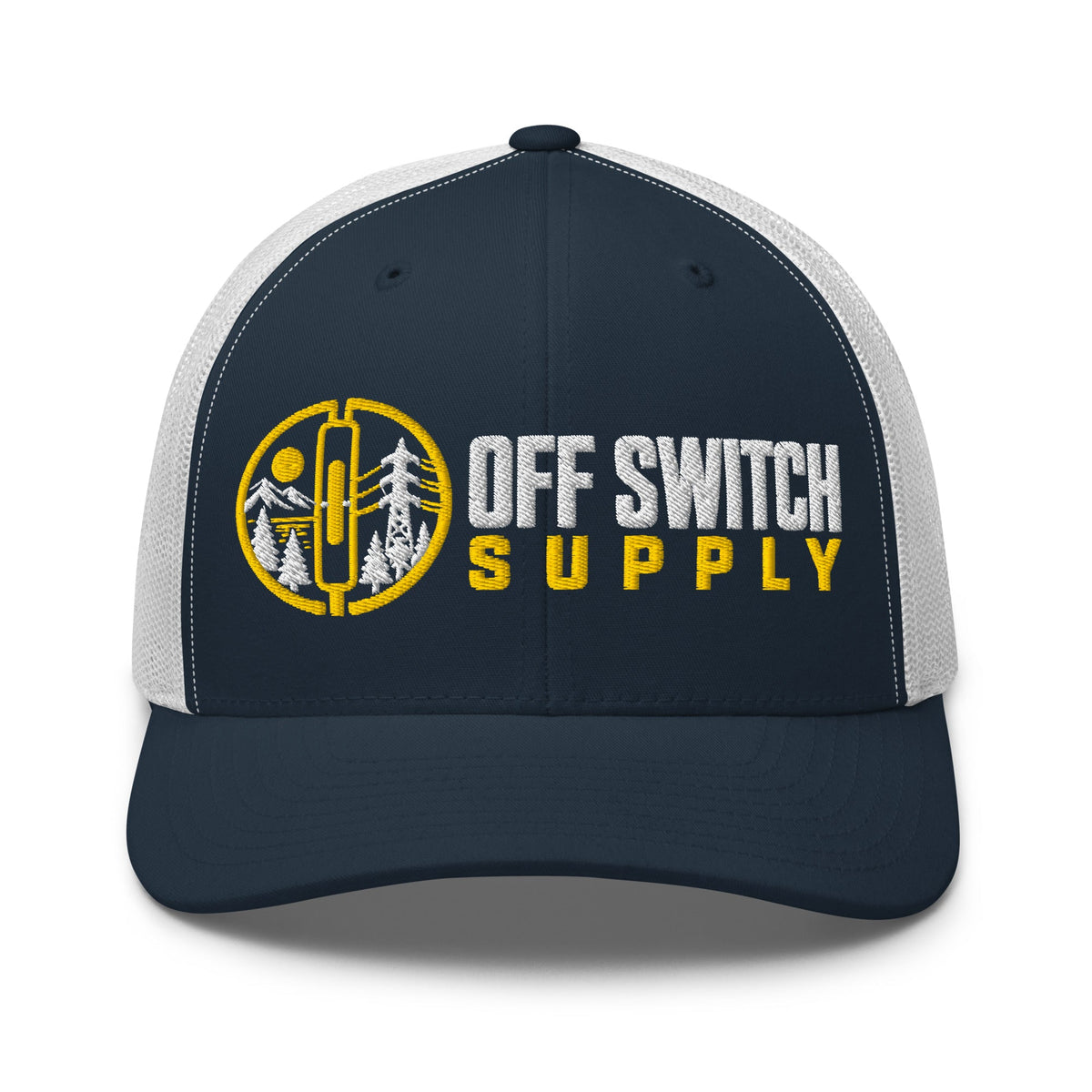 Navy and white Off Switch Supply trucker hat, front view