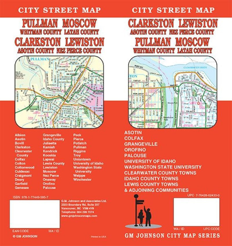 Front cover of GM Johnson Clarkston, Lewiston, Asotin County, Nez Perce County, Pullman, Moscow, Whitman County, Latah County, city street map