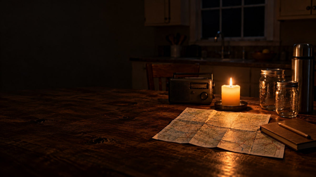 Kitchen table at night lit by one candle, with a portable radio, a folded paper map, glass jars, a thermos and a notebook