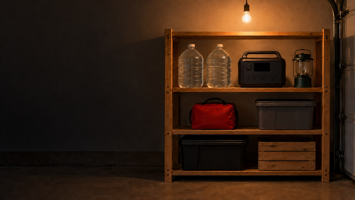 Wooden garage shelf holding water jugs, a portable power station, a lantern, a red first aid bag and storage bins