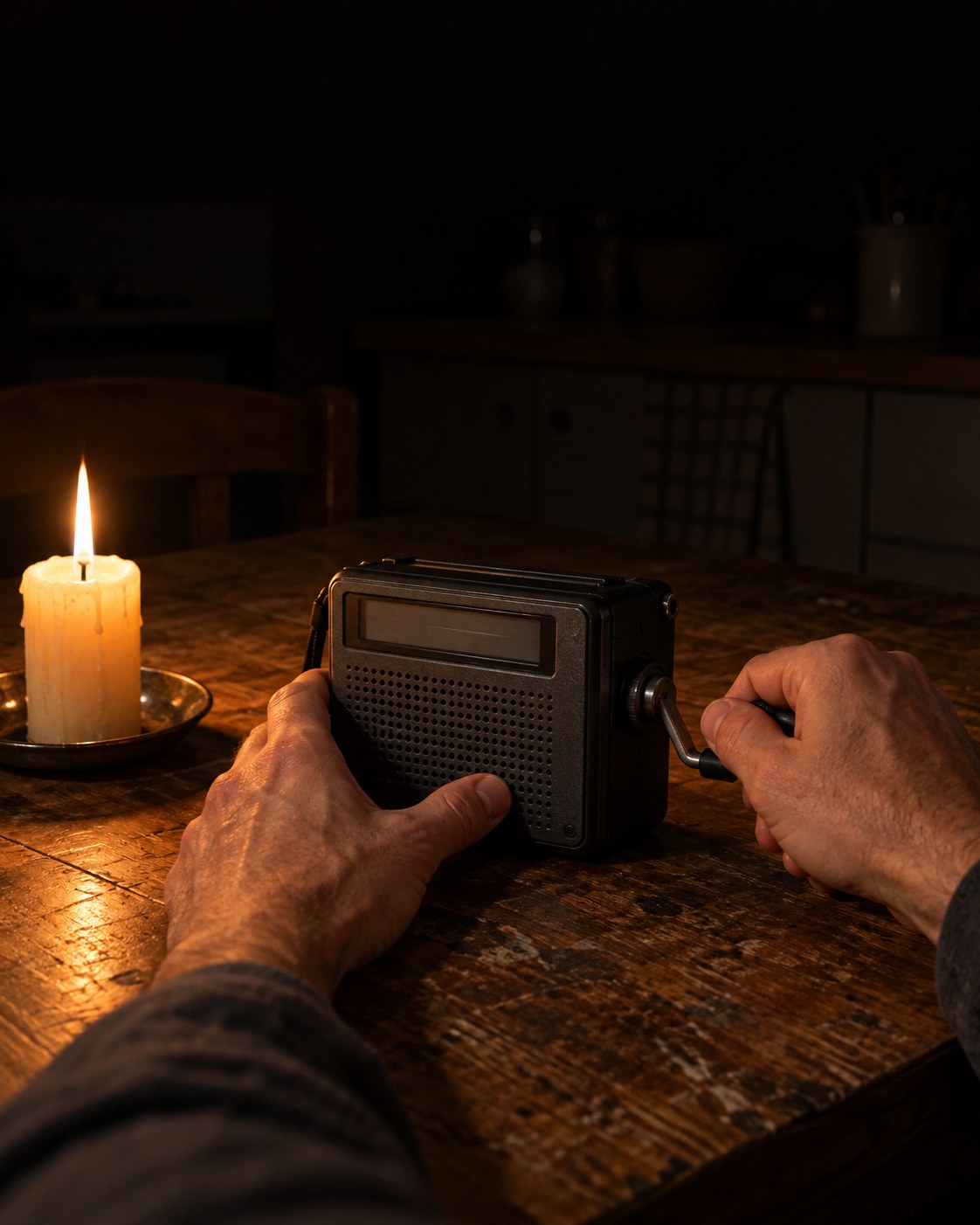 Hands turning the crank on a small radio on a wooden table, next to a lit candle