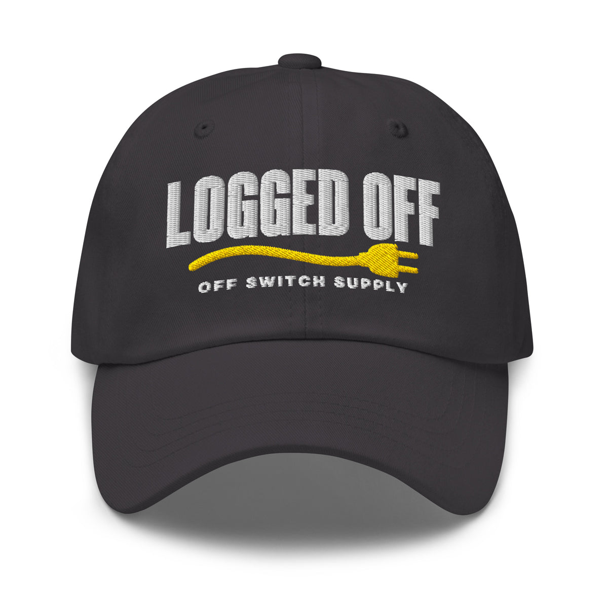 Logged Off dad hat in dark grey, front view