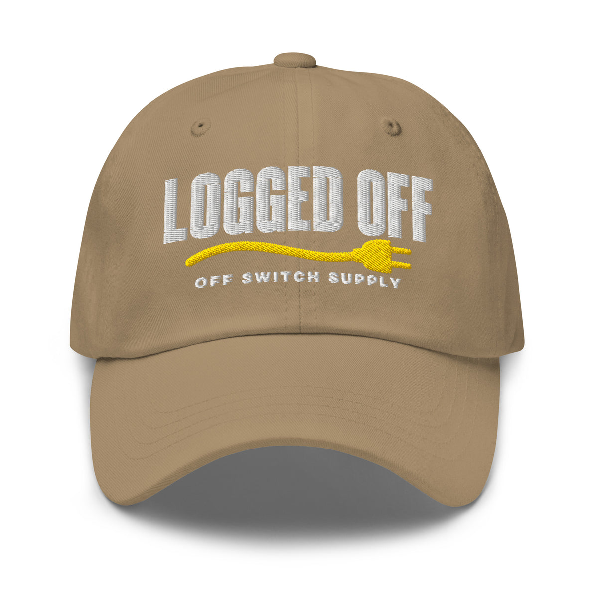 Logged Off dad hat in khaki, front view