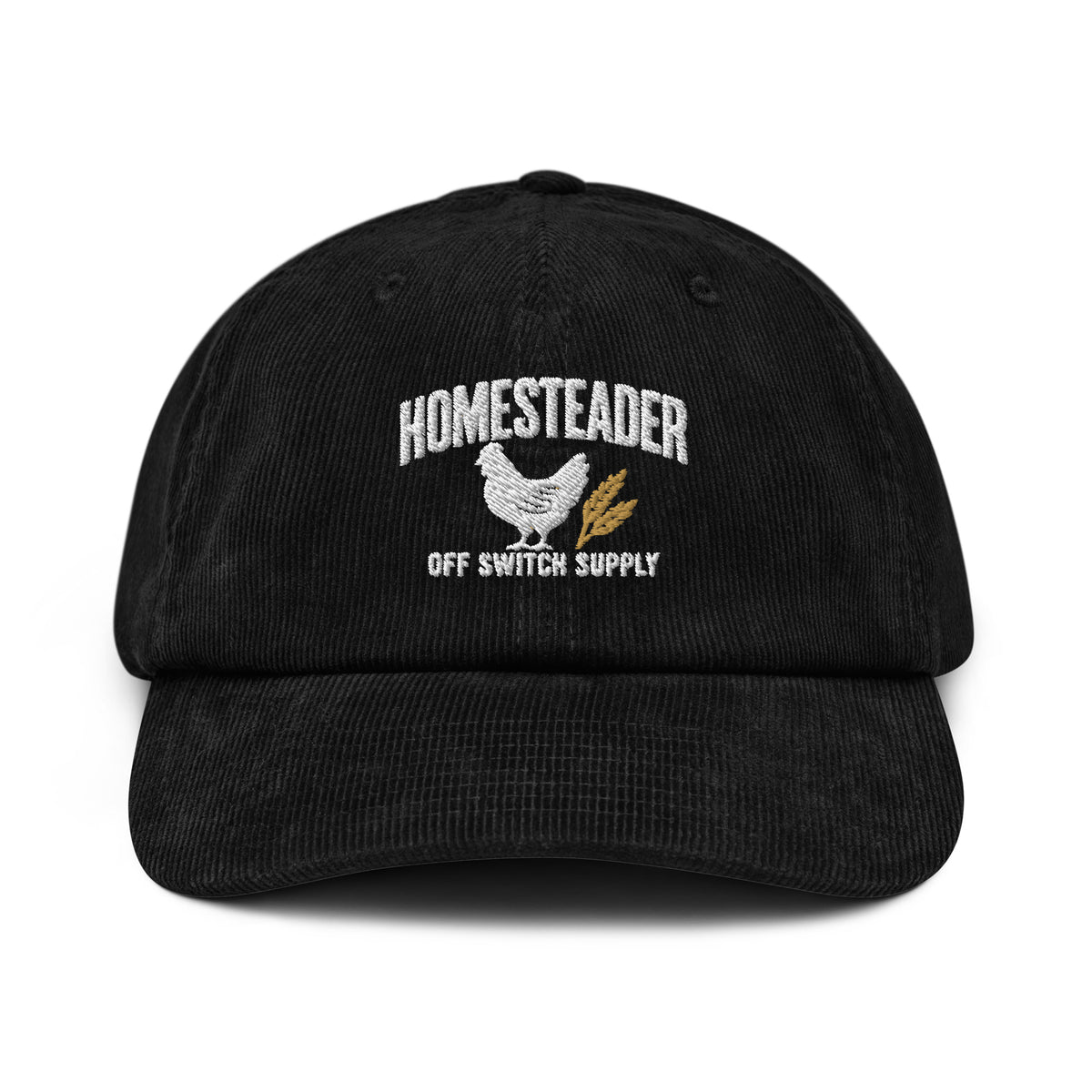 Homesteader Hen corduroy cap in black, front view