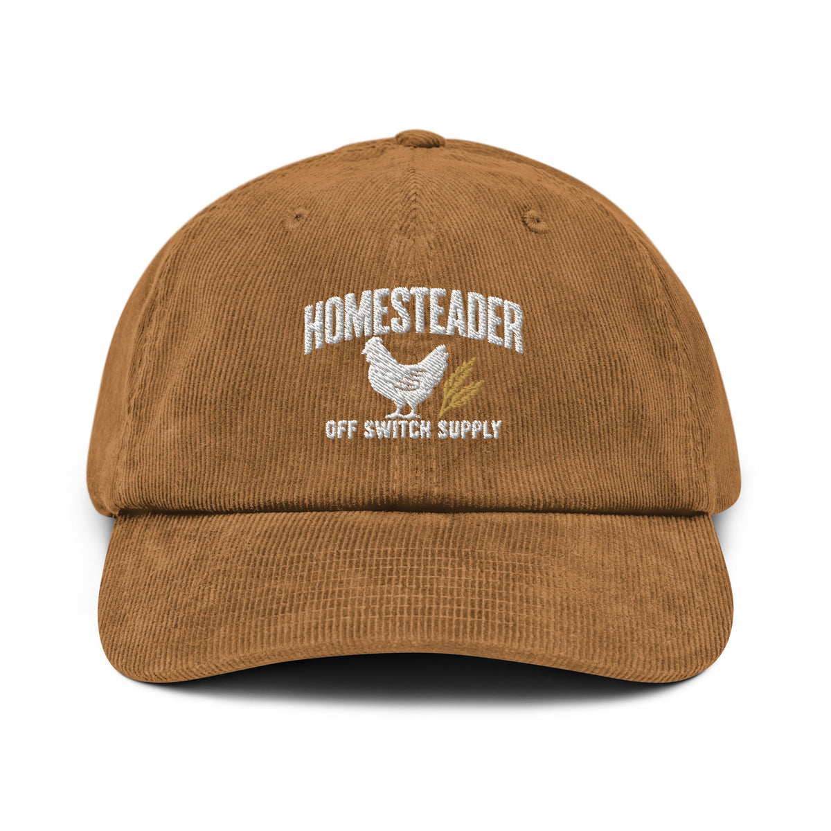 Homesteader Hen corduroy cap in camel, front view