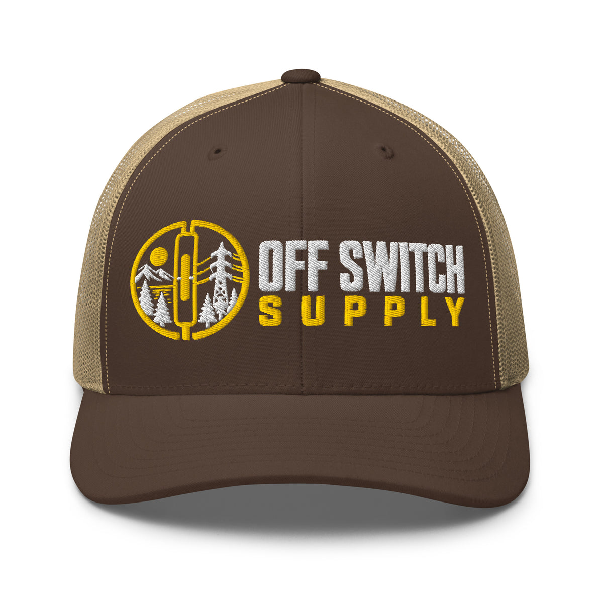 Off Switch trucker hat in brown and khaki, front view