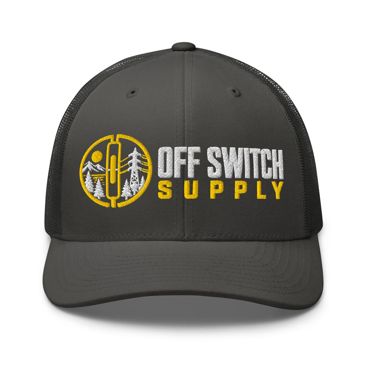 Off Switch trucker hat in charcoal, front view