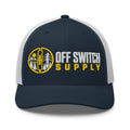 Off Switch trucker hat in navy and white, front view
