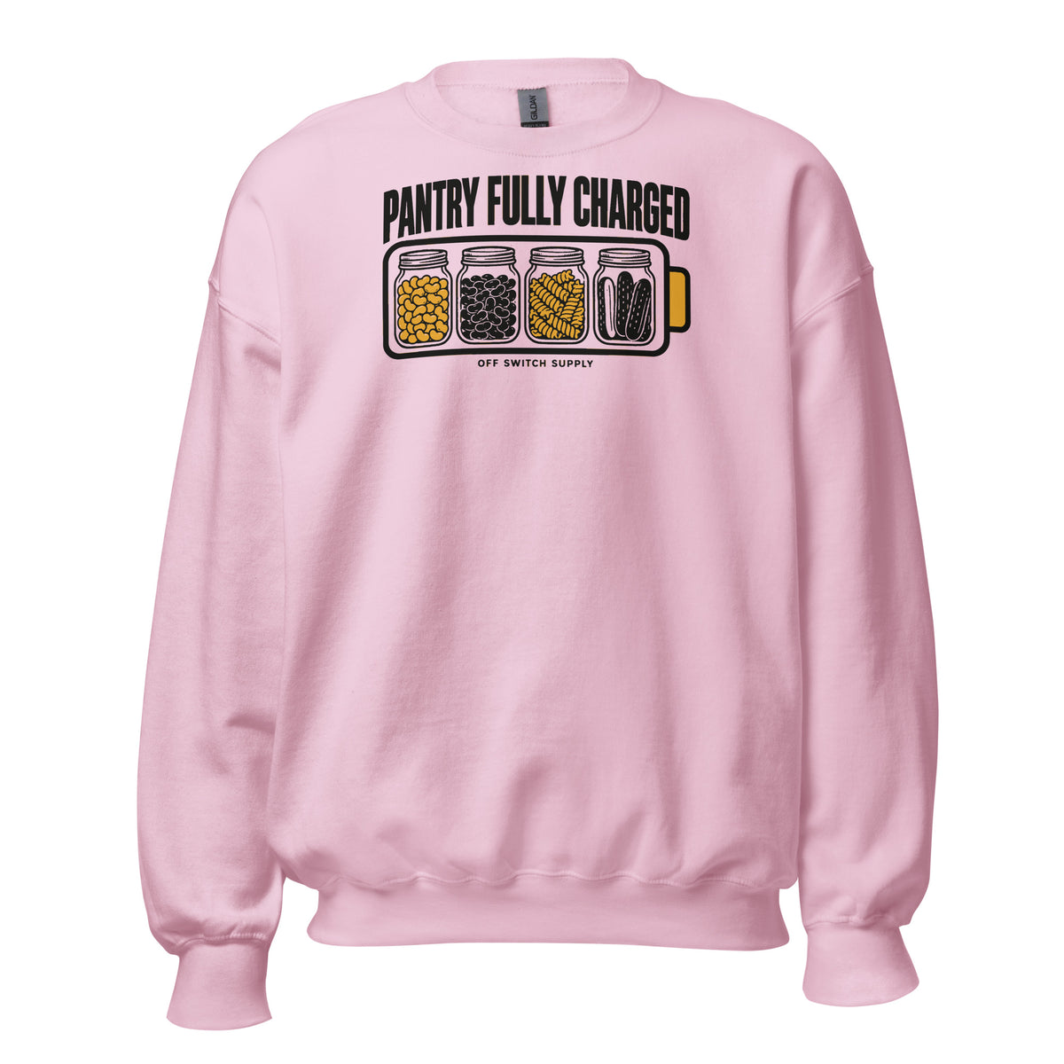 Pantry Fully Charged crewneck in light pink, front view