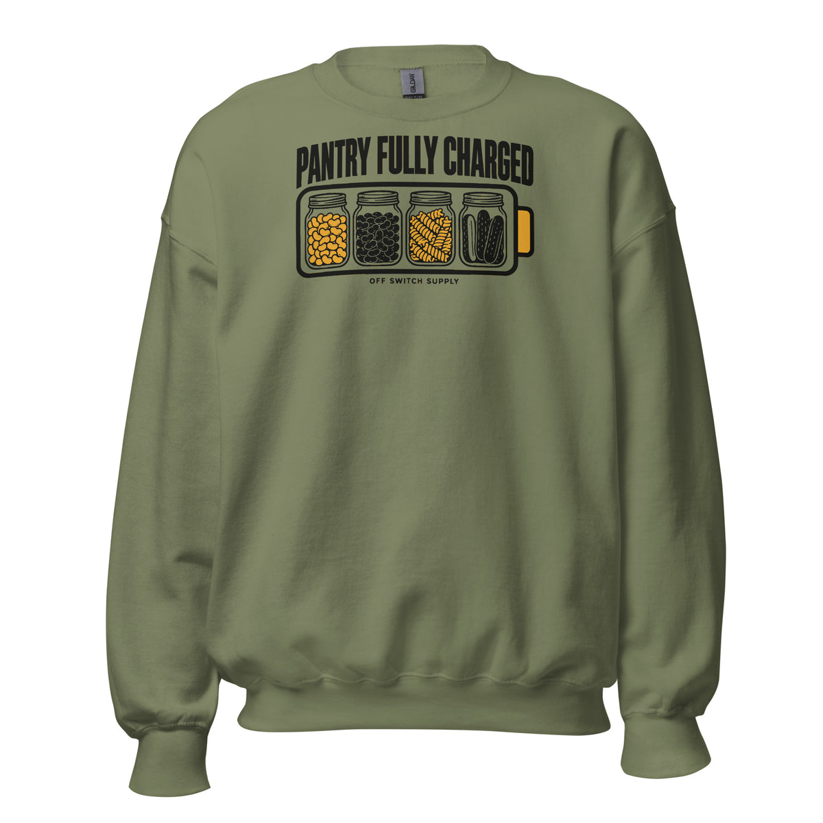 Pantry Fully Charged crewneck in military green, front view