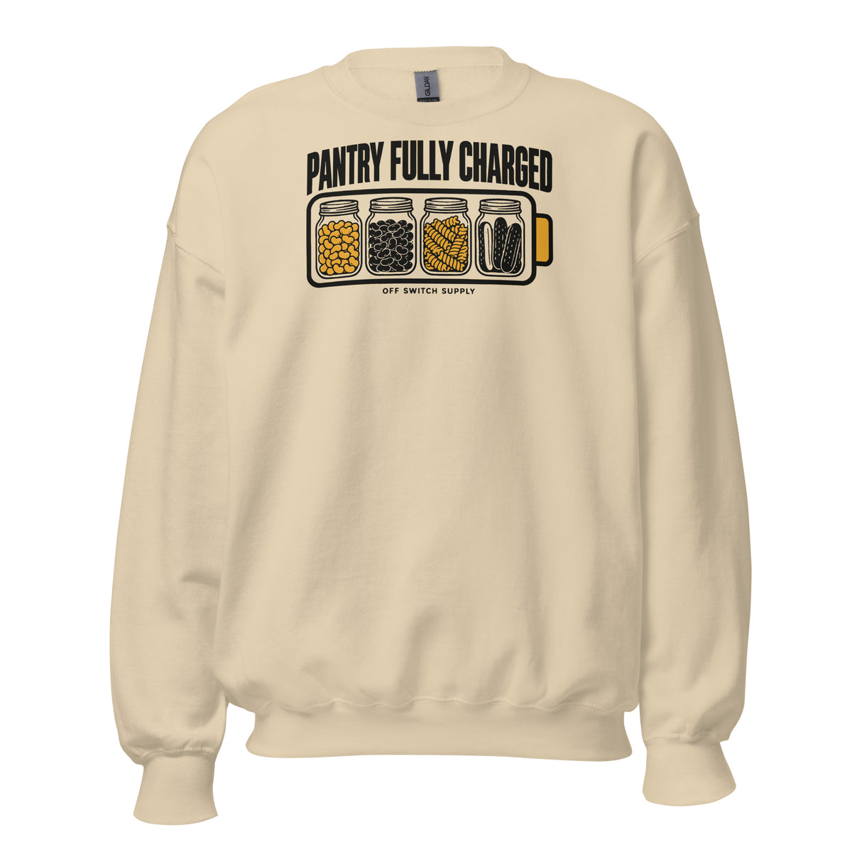 Pantry Fully Charged crewneck in sand, front view