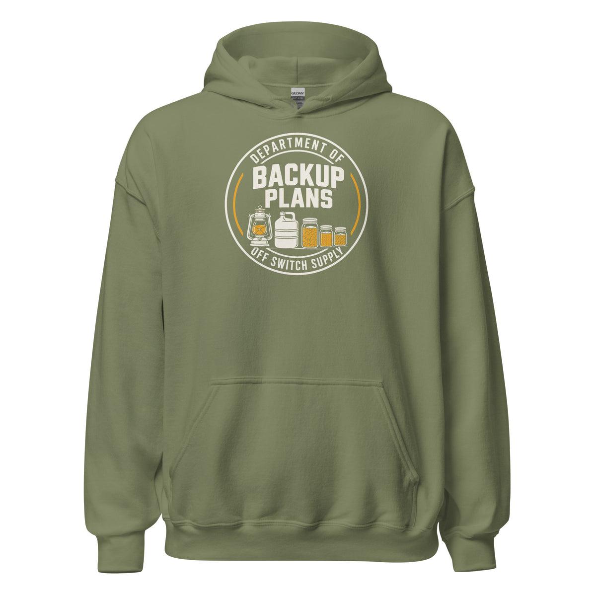Department of Backup Plans hoodie in military green, front view