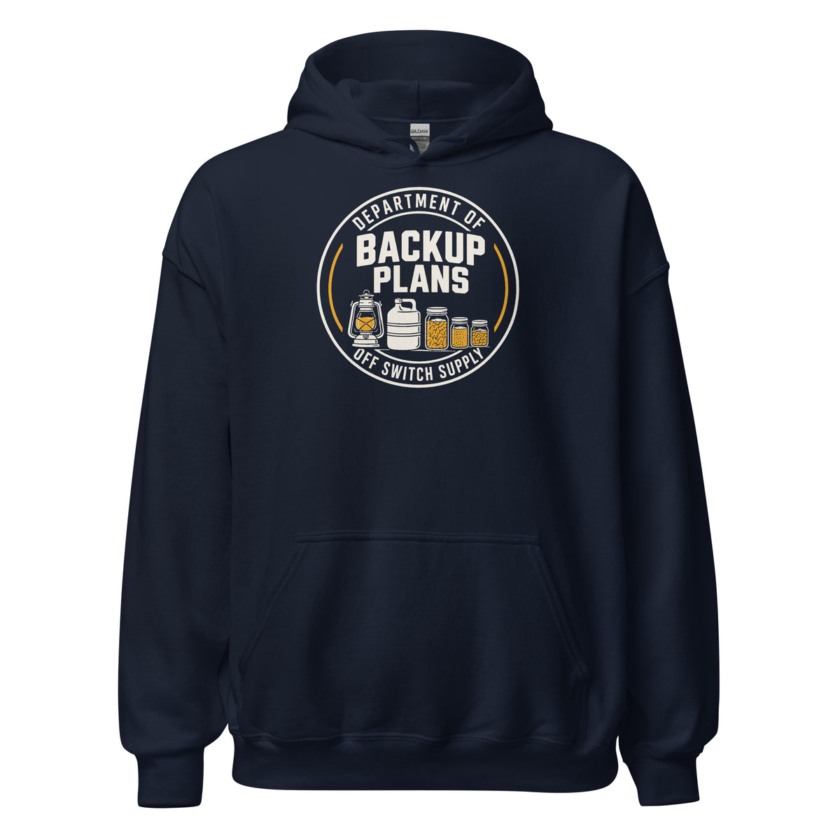 Department of Backup Plans hoodie in navy, front view