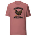 Raising Chickens and Backup Plans tee in mauve, front view